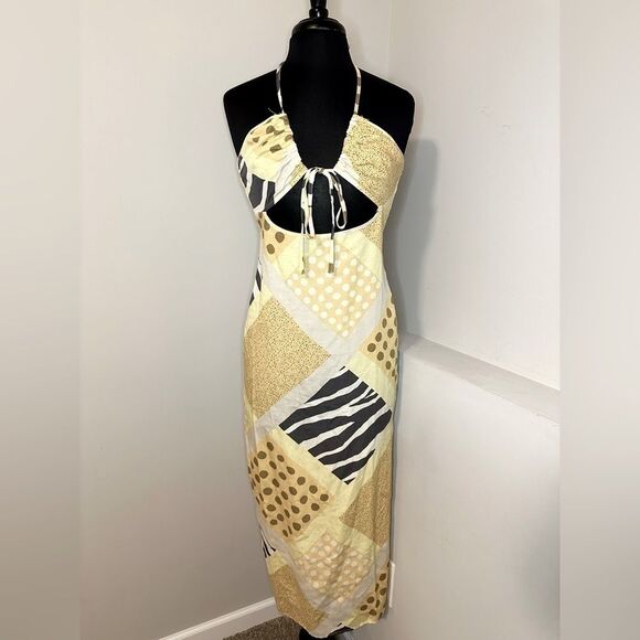 Zebra Patternblock Halter Yellow Midi Dress NWT - Picture 3 of 6
